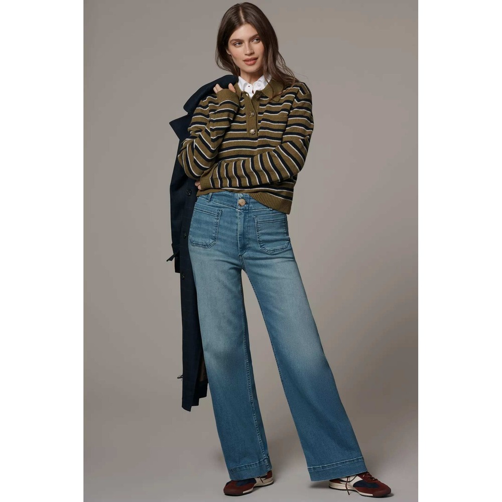 Maeve by Anthropologie The Colette Wide Leg Jeans Blue High Rise Patch Pocket 28